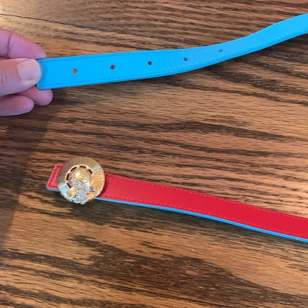 Red and turquoise reversible belt with gold bee buckle